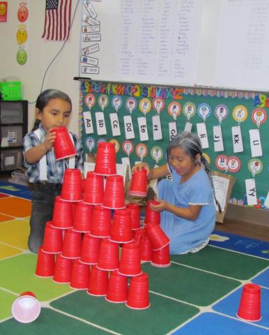 Soboba kindergartners stack up 100 plastic cups as part of their classroom's celebration of 100 days of instruction on Feb. 9 Soboba kindergartners stack up 100 plastic cups as part of their classroom's celebration of 100 days of instruction on Feb. 9