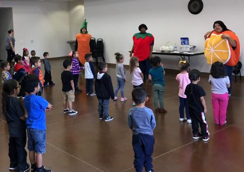 Soboba Preschool students are learning about nutrition and get weekly visits from the "fruit and veggie people." In the center, dressed as a strawberry, is lead instructor Hosea Jones Soboba Preschool students are learning about nutrition and get weekly visits from the "fruit and veggie people." In the center, dressed as a strawberry, is lead instructor Hosea Jones