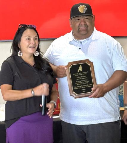 Kellie Jewett-Fernandez, AISES Vice President of Business Development, presents Soboba Chairman Isaiah Vivanco with the Tribal Partner Service Award, Oct. 7 Kellie Jewett-Fernandez, AISES Vice President of Business Development, presents Soboba Chairman Isaiah Vivanco with the Tribal Partner Service Award, Oct. 7