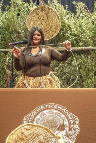 Raya Salgado shows how to make cordage from the yucca plant fibers during the cultural demonstration portion of the Daughter of Soboba contest. Cord Media courtesy photo Raya Salgado shows how to make cordage from the yucca plant fibers during the cultural demonstration portion of the Daughter of Soboba contest. Cord Media courtesy photo