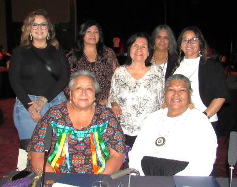 Judges for the $ovóova Po’$wáamay Crowning Ceremony are, seated from left, Lucille Briones and Mia Gonzalez, and standing from left, Catherine Modesto, Eustacia Maciel, Raina Maciel, Sally Ortiz, and Michele Gonzales Judges for the $ovóova Po’$wáamay Crowning Ceremony are, seated from left, Lucille Briones and Mia Gonzalez, and standing from left, Catherine Modesto, Eustacia Maciel, Raina Maciel, Sally Ortiz, and Michele Gonzales