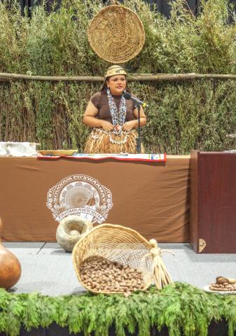 Su’la Arviso explains the arduous process of preparing wewish, a traditional staple made from acorns, as her cultural demonstration on Oct. 11. Cord Media courtesy photo Su’la Arviso explains the arduous process of preparing wewish, a traditional staple made from acorns, as her cultural demonstration on Oct. 11. Cord Media courtesy photo
