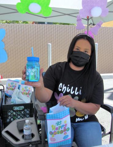 Lenora “Ponie” Mojado shows the extra goodie bag items she shared with students from her “2s” class during an outdoor event at Soboba Tribal Preschool on April 2 Lenora “Ponie” Mojado shows the extra goodie bag items she shared with students from her “2s” class during an outdoor event at Soboba Tribal Preschool on April 2