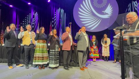 Geneva Mojado, third from right, is sworn in as Pacific Region Vice President along with others elected to the 2025-2027 NCAI Executive Committee Geneva Mojado, third from right, is sworn in as Pacific Region Vice President along with others elected to the 2025-2027 NCAI Executive Committee
