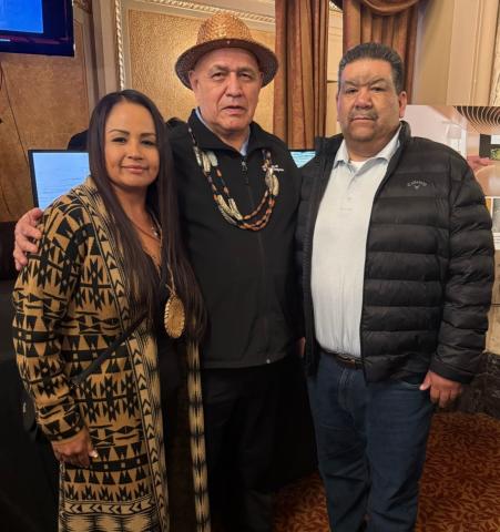 Soboba Vice Chairwoman Geneva Mojado and Chairman Isaiah Vivanco, at right, visit with director Darrell Hillarie at the NCAI 82nd annual Convention & Marketplace in Seattle in November. Hillaire is founder of Children of the Setting Sun Productions and a former Chairman of Lummi Nation Soboba Vice Chairwoman Geneva Mojado and Chairman Isaiah Vivanco, at right, visit with director Darrell Hillarie at the NCAI 82nd annual Convention & Marketplace in Seattle in November. Hillaire is founder of Children of the Setting Sun Productions and a former Chairman of Lummi Nation