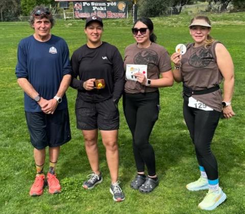 Native American Trail Running Organization founder and Race Director Sheldon Subith, at left, congratulates the top three Native female runners after they completed the 25K. First place finisher was Soboba’s Mica Diaz, second was Sharon Moreno and third was Nichole Santa Cruz Native American Trail Running Organization founder and Race Director Sheldon Subith, at left, congratulates the top three Native female runners after they completed the 25K. First place finisher was Soboba’s Mica Diaz, second was Sharon Moreno and third was Nichole Santa Cruz