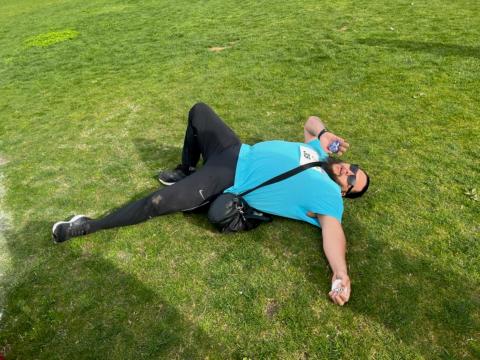 Soboba’s Joseph Lopez is exhausted after completing his very first 5K race with the help of his late daughter, whose ashes are in the heart-shaped urn in his hand Soboba’s Joseph Lopez is exhausted after completing his very first 5K race with the help of his late daughter, whose ashes are in the heart-shaped urn in his hand