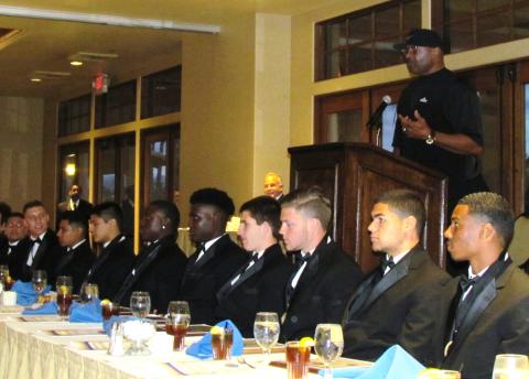 Former LA Rams football player, Reggie Doss, named the Deacon Jones Scholarship recipient as 23 scholar-athletes sat front and center during the NFF awards banquet in their honor at The Country Club at Soboba Springs on March 25 Former LA Rams football player, Reggie Doss, named the Deacon Jones Scholarship recipient as 23 scholar-athletes sat front and center during the NFF awards banquet in their honor at The Country Club at Soboba Springs on March 25