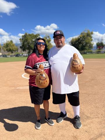 During the opening ceremony of the 2025 NIAA All Native Fastpitch Tournament, Morongo Women’s Coach Non Miguel and MMC’s Frank “Smudge” Miguel and the receive honorariums for their contributions to the sport During the opening ceremony of the 2025 NIAA All Native Fastpitch Tournament, Morongo Women’s Coach Non Miguel and MMC’s Frank “Smudge” Miguel and the receive honorariums for their contributions to the sport