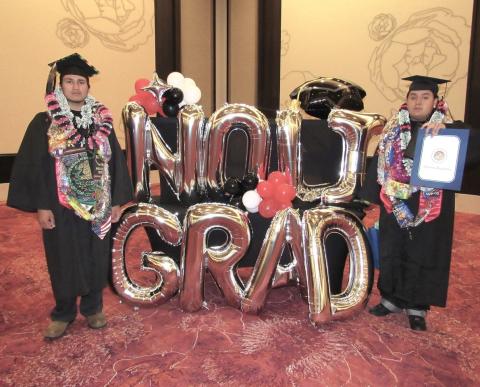 Noli Indian School graduates Johnny Gutierrez, left, and Babe Briones, holding certificate of recognition from Assemblymember James C. Ramos, are both members of the Soboba Band of Luiseño Indians Noli Indian School graduates Johnny Gutierrez, left, and Babe Briones, holding certificate of recognition from Assemblymember James C. Ramos, are both members of the Soboba Band of Luiseño Indians