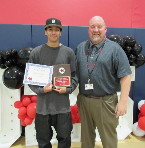 Class of 2025 Valedictorian Daigan Cyhan accepts the Principal’s Award from Noli Indian School Principal Donovan Post during the Senior Awards Luncheon, June 3 Class of 2025 Valedictorian Daigan Cyhan accepts the Principal’s Award from Noli Indian School Principal Donovan Post during the Senior Awards Luncheon, June 3