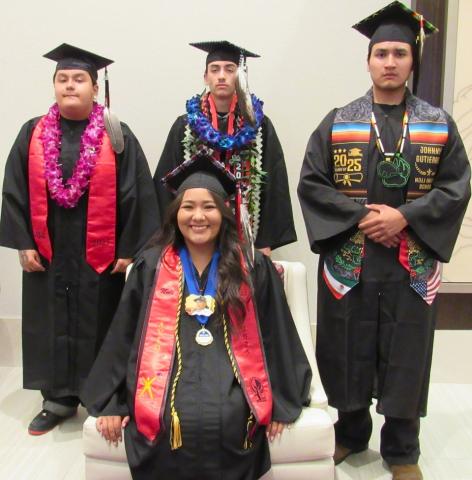 Noli Indian School seniors prepare to enter the Soboba Casino Resort Event Center on June 3. Arionna Ward is seated while her classmates stand behind her. From left are Babe Briones, Daigan Cyhan and Johnny Gutierrez Noli Indian School seniors prepare to enter the Soboba Casino Resort Event Center on June 3. Arionna Ward is seated while her classmates stand behind her. From left are Babe Briones, Daigan Cyhan and Johnny Gutierrez