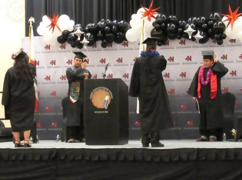 Arionna Ward and Daigan Cyhan lead their classmates in a turning of the tassel after they were confirmed to be graduates of Noli Indian School Class of 2025 Arionna Ward and Daigan Cyhan lead their classmates in a turning of the tassel after they were confirmed to be graduates of Noli Indian School Class of 2025