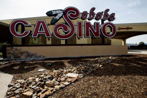 The original sign has been updated with more lights at the Soboba Casino Resort as construction is almost complete in San Jacinto on Tuesday, February 12, 2019. (Photo by Terry Pierson, The Press-Enterprise/SCNG)  The original sign has been updated with more lights at the Soboba Casino Resort as construction is almost complete in San Jacinto on Tuesday, February 12, 2019. (Photo by Terry Pierson, The Press-Enterprise/SCNG)