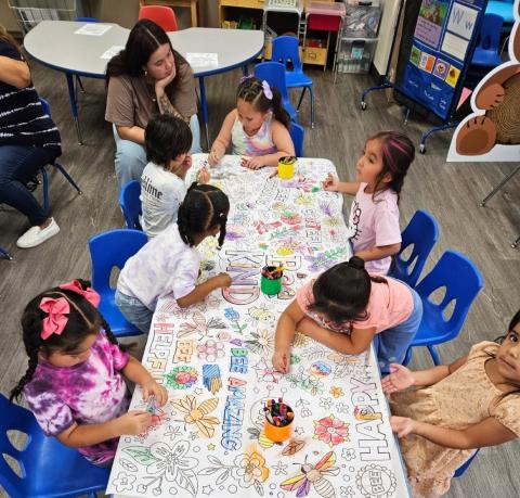 Pre-K students work on a mural during Kindness Week at the Soboba Tribal Preschool Pre-K students work on a mural during Kindness Week at the Soboba Tribal Preschool