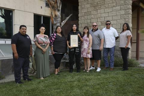 Vanessa Fernandez, Noli Indian School, is congratulated by Soboba Foundation representatives and presented with a scholarship on June 14. Pictured, from left, are Isaiah Vivanco, Catherine “Cat” Modesto, Antonia Briones-Venegas, Vanessa, AVID teacher Lorin Alvarez, Noli Principal Donovan Post, Daniel Valdez and Sally Moreno-Ortiz Vanessa Fernandez, Noli Indian School, is congratulated by Soboba Foundation representatives and presented with a scholarship on June 14. Pictured, from left, are Isaiah Vivanco, Catherine “Cat” Modesto, Antonia Briones-Venegas, Vanessa, AVID teacher Lorin Alvarez, Noli Principal Donovan Post, Daniel Valdez and Sally Moreno-Ortiz