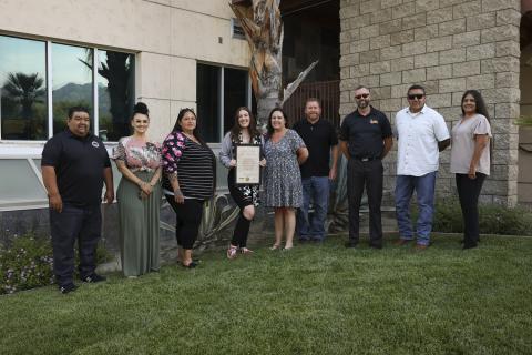 Kaylee Tomasello, Alessandro High, is congratulated by Soboba Foundation representatives and presented with a scholarship on June 14. Pictured, from left, are Isaiah Vivanco, Catherine “Cat” Modesto, Antonia Briones-Venegas, Kaylee, her mom and stepdad Brenda and Chris Cooke, counselor Brian Strawter, Daniel Valdez and Sally Moreno-Ortiz Kaylee Tomasello, Alessandro High, is congratulated by Soboba Foundation representatives and presented with a scholarship on June 14. Pictured, from left, are Isaiah Vivanco, Catherine “Cat” Modesto, Antonia Briones-Venegas, Kaylee, her mom and stepdad Brenda and Chris Cooke, counselor Brian Strawter, Daniel Valdez and Sally Moreno-Ortiz
