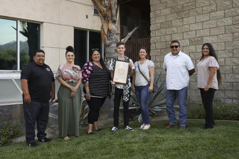 Cameron Powers, San Jacinto Valley Academy, is congratulated by Soboba Foundation representatives and presented with a scholarship on June 14. Pictured, from left, are Isaiah Vivanco, Catherine “Cat” Modesto, Antonia Briones-Venegas, Cameron and his mom Tammy Richards, Daniel Valdez and Sally Moreno-Ortiz Cameron Powers, San Jacinto Valley Academy, is congratulated by Soboba Foundation representatives and presented with a scholarship on June 14. Pictured, from left, are Isaiah Vivanco, Catherine “Cat” Modesto, Antonia Briones-Venegas, Cameron and his mom Tammy Richards, Daniel Valdez and Sally Moreno-Ortiz