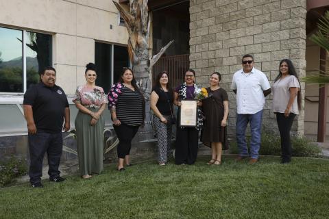 Judith Almaraz, Academy of Innovation, is congratulated by Soboba Foundation representatives and presented with a scholarship on June 14. Pictured, from left, are Isaiah Vivanco, Catherine “Cat” Modesto, Antonia Briones-Venegas, counselor Leticia Milbauer, Judith and her mom Brenda Castelan, Daniel Valdez and Sally Moreno-Ortiz Judith Almaraz, Academy of Innovation, is congratulated by Soboba Foundation representatives and presented with a scholarship on June 14. Pictured, from left, are Isaiah Vivanco, Catherine “Cat” Modesto, Antonia Briones-Venegas, counselor Leticia Milbauer, Judith and her mom Brenda Castelan, Daniel Valdez and Sally Moreno-Ortiz