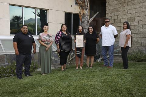 Melissa Plata, West Valley High, is congratulated by Soboba Foundation representatives and presented with a scholarship on June 14. Pictured, from left, are Isaiah Vivanco, Catherine “Cat” Modesto, Antonia Briones-Venegas, Melissa, AVID teacher Crystal Barragan, Daniel Valdez and Sally Moreno-Ortiz Melissa Plata, West Valley High, is congratulated by Soboba Foundation representatives and presented with a scholarship on June 14. Pictured, from left, are Isaiah Vivanco, Catherine “Cat” Modesto, Antonia Briones-Venegas, Melissa, AVID teacher Crystal Barragan, Daniel Valdez and Sally Moreno-Ortiz