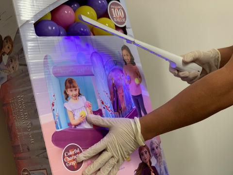 A UVC LED handheld sanitizer is used to scan each toy when it is received. The wand is portable and rechargeable with a 99.9% sterilization rating A UVC LED handheld sanitizer is used to scan each toy when it is received. The wand is portable and rechargeable with a 99.9% sterilization rating