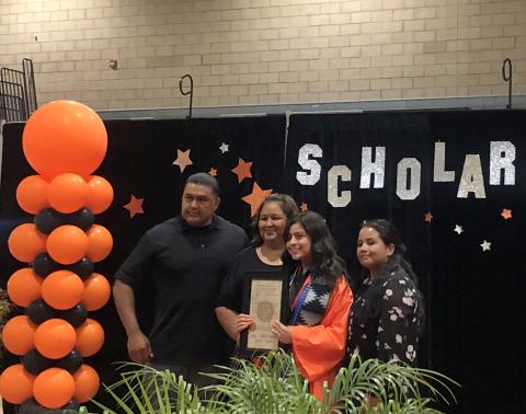 Julie Moreno accepts a proclamation from the Soboba Band of Luiseño Indians and a scholarship for $2,500 from Soboba Foundation members (left to right) Jacob Briones, Dondi Silvas and Geneva Mojado at San Jacinto High School’s Senior Awards night on June 4 Julie Moreno accepts a proclamation from the Soboba Band of Luiseño Indians and a scholarship for $2,500 from Soboba Foundation members (left to right) Jacob Briones, Dondi Silvas and Geneva Mojado at San Jacinto High School’s Senior Awards night on June 4