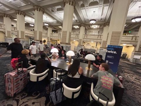 Soboba Tribal TANF Program Regional Manager Harold Arres leads a group meeting after arriving at the Embassy Suites by Hilton in downtown Portland to attend the annual UNITY Conference Soboba Tribal TANF Program Regional Manager Harold Arres leads a group meeting after arriving at the Embassy Suites by Hilton in downtown Portland to attend the annual UNITY Conference