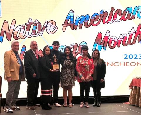 Geneva Mojado is the recipient of the 24th annual Warrior Award for a Tribal leader at the Dec. 1 luncheon. From left, Dennis Hendricks from Tuolumne, Andrew Masiel Sr. from Pechanga Band of Luiseño Indians, Geneva Mojado and her son Daniel and daughter Gloria from Soboba Band of Luiseño Indians, Lynn “Nay” Valbuena, from San Manuel Band of Mission Indians and Audrey Martinez, also from San Manuel Band of Mission Indians Geneva Mojado is the recipient of the 24th annual Warrior Award for a Tribal leader at the Dec. 1 luncheon. From left, Dennis Hendricks from Tuolumne, Andrew Masiel Sr. from Pechanga Band of Luiseño Indians, Geneva Mojado and her son Daniel and daughter Gloria from Soboba Band of Luiseño Indians, Lynn “Nay” Valbuena, from San Manuel Band of Mission Indians and Audrey Martinez, also from San Manuel Band of Mission Indians