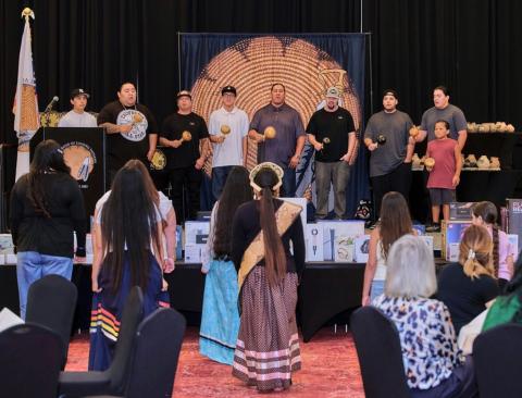Wayne Nelson, center, leads the Intertribal Birdsingers in social songs as dancers join in while guests are treated to lunch at the Soboba Casino Resort Event Center Wayne Nelson, center, leads the Intertribal Birdsingers in social songs as dancers join in while guests are treated to lunch at the Soboba Casino Resort Event Center