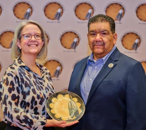 University of La Verne Vice President for Enrollment Management Alaina Dunn, left, accepts a ceremonial plate from Soboba Chairman Isaiah Vivanco after their ceremonial signing of an MOU University of La Verne Vice President for Enrollment Management Alaina Dunn, left, accepts a ceremonial plate from Soboba Chairman Isaiah Vivanco after their ceremonial signing of an MOU