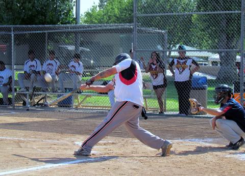 A Soboba BBC batter tries to knock one out of the park in a game against Thrown Together during the 2017 NIAA Fast Pitch Softball Tournament at the Soboba Reservation A Soboba BBC batter tries to knock one out of the park in a game against Thrown Together during the 2017 NIAA Fast Pitch Softball Tournament at the Soboba Reservation