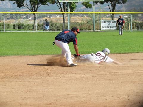 A Soboba BBC runner is safe at second in a game versus Thrown Together during the second day of competition at the 2017 NIAA Fast Pitch Softball Tournament A Soboba BBC runner is safe at second in a game versus Thrown Together during the second day of competition at the 2017 NIAA Fast Pitch Softball Tournament