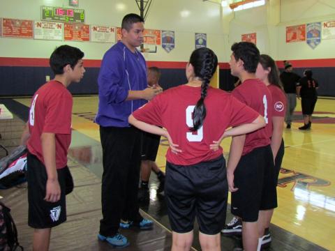 UAII Coach Joseph Quintana gives his team a pep talk during halftime at the ITS basketball game at Soboba UAII Coach Joseph Quintana gives his team a pep talk during halftime at the ITS basketball game at Soboba