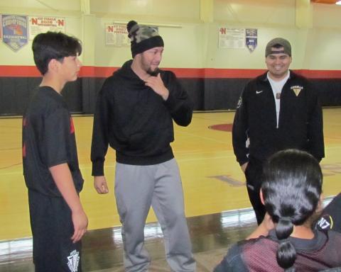 Coach Gabriel Smith and Ricardo Macias talk to the Soboba players during a halftime break from ITS basketball season play at the Soboba Sports Complex Coach Gabriel Smith and Ricardo Macias talk to the Soboba players during a halftime break from ITS basketball season play at the Soboba Sports Complex