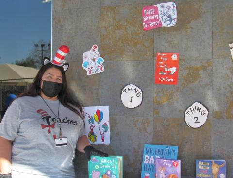 Soboba Tribal Preschool teacher Ana Garcia guided young readers to Dr. Seuss books provided by the Noli Indian School bookmobile on March 2 Soboba Tribal Preschool teacher Ana Garcia guided young readers to Dr. Seuss books provided by the Noli Indian School bookmobile on March 2