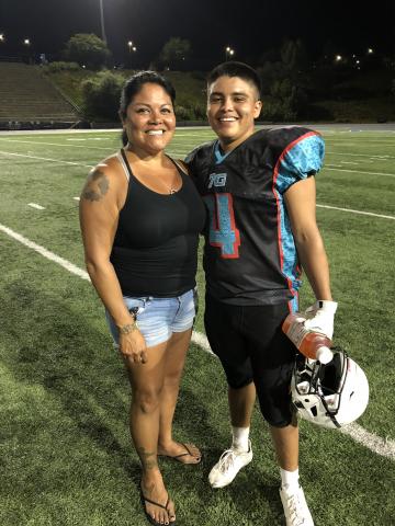 7G Foundation’s Bennae Calac meets with Soboba tribal member Benny Helms IV on the field at San Diego Mesa College for the inaugural Indigenous Bowl on July 7 7G Foundation’s Bennae Calac meets with Soboba tribal member Benny Helms IV on the field at San Diego Mesa College for the inaugural Indigenous Bowl on July 7