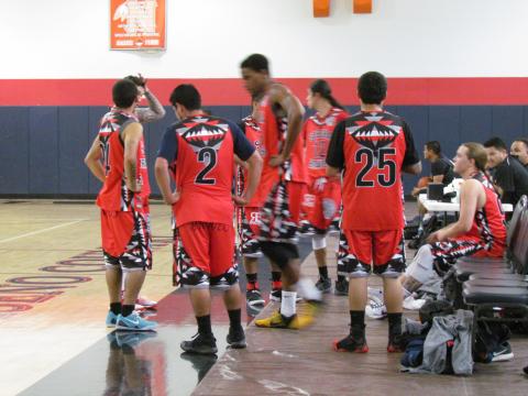 Members of the Soboba Braves basketball team take a time out during competition on Saturday Members of the Soboba Braves basketball team take a time out during competition on Saturday