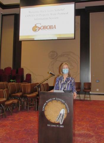 Kelley Carpenter Conign, training and guest services manager at the Soboba Casino Resort, facilitated mandatory COVID-19 Property-wide Protocol Information Sessions held throughout the day for all employees who then met with their department supervisors for more specific and specialized training and information Kelley Carpenter Conign, training and guest services manager at the Soboba Casino Resort, facilitated mandatory COVID-19 Property-wide Protocol Information Sessions held throughout the day for all employees who then met with their department supervisors for more specific and specialized training and information