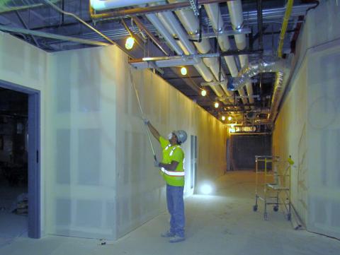 Journeyman taper Marco Duarte sands an interior wall at Soboba’s replacement casino in preparation for primer and paint. He is a member of Local Union 1506 SD and lives in Hemet Journeyman taper Marco Duarte sands an interior wall at Soboba’s replacement casino in preparation for primer and paint. He is a member of Local Union 1506 SD and lives in Hemet