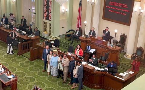Assemblymember James C. Ramos presents a proclamation recognizing Soboba Tribal Member Rose Salgado during a Floor Ceremony in Sacramento, Aug. 18. From left, Minority Leader James Gallagher, Assemblymember Esmerelda Soria, Rose’s sister-in-law Claudia Salgado, Rose’s sister Frances Diaz, Ramos, Soboba Tribal Chairman Isaiah Vivanco, Assemblymember Jessica Caloza, and Speaker Robert Rivas Assemblymember James C. Ramos presents a proclamation recognizing Soboba Tribal Member Rose Salgado during a Floor Ceremony in Sacramento, Aug. 18. From left, Minority Leader James Gallagher, Assemblymember Esmerelda Soria, Rose’s sister-in-law Claudia Salgado, Rose’s sister Frances Diaz, Ramos, Soboba Tribal Chairman Isaiah Vivanco, Assemblymember Jessica Caloza, and Speaker Robert Rivas