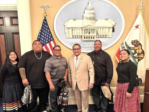 The Intertribal Birdsingers and bird dancers are invited to participate in the Floor Ceremony and the California Indian Cultural Awareness event that followed. From left, So’a Nelson, John Briones, Art Lopez, Assemblymember James C. Ramos, Wayne Nelson, and Su’la Arviso The Intertribal Birdsingers and bird dancers are invited to participate in the Floor Ceremony and the California Indian Cultural Awareness event that followed. From left, So’a Nelson, John Briones, Art Lopez, Assemblymember James C. Ramos, Wayne Nelson, and Su’la Arviso