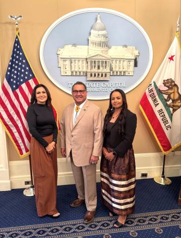 Soboba Tribal Council Secretary Monica Herrera, left, Assemblymember James C. Ramos, and Soboba Tribal Council Vice Chairwoman Geneva Mojado at The State Capitol, Aug. 18 Soboba Tribal Council Secretary Monica Herrera, left, Assemblymember James C. Ramos, and Soboba Tribal Council Vice Chairwoman Geneva Mojado at The State Capitol, Aug. 18