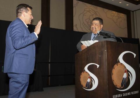 Andrew Vallejos, left, was installed as the 2022-2023 Chairman of the Board for the Hemet/San Jacinto Chamber of Commerce by Soboba Tribal Chairman Isaiah Vivanco, who later installed all the new board members. This is the first time a Tribal Chairperson has participated in a Chamber installation Andrew Vallejos, left, was installed as the 2022-2023 Chairman of the Board for the Hemet/San Jacinto Chamber of Commerce by Soboba Tribal Chairman Isaiah Vivanco, who later installed all the new board members. This is the first time a Tribal Chairperson has participated in a Chamber installation