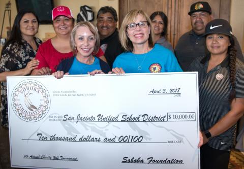 The San Jacinto Unified School District was one of 10 nonprofits that received a $10,000 check from the Soboba Foundation, at its annual charity golf tournament The San Jacinto Unified School District was one of 10 nonprofits that received a $10,000 check from the Soboba Foundation, at its annual charity golf tournament