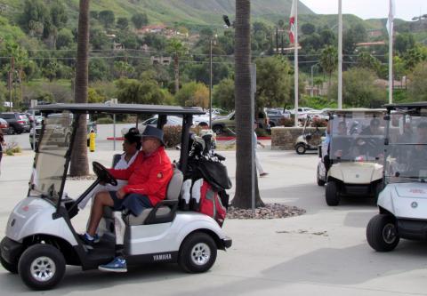 Soboba Tribal Chairman Scott Cozart, at left, leads a group of golfers at the start of the first day of Soboba’s 7th annual Charity Golf Tournament. The event also served as a christening of new golf carts for Soboba Springs Golf Course Soboba Tribal Chairman Scott Cozart, at left, leads a group of golfers at the start of the first day of Soboba’s 7th annual Charity Golf Tournament. The event also served as a christening of new golf carts for Soboba Springs Golf Course