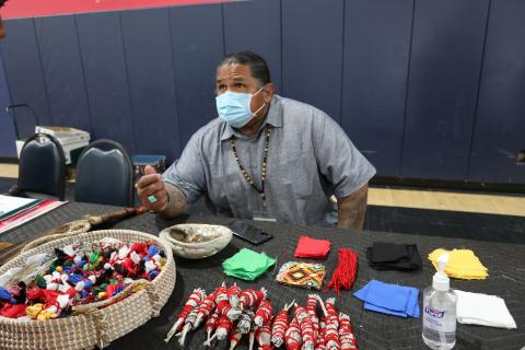Wayne Cortez, a peer support specialist with Riverside-San Bernardino County Indian Health Inc., shares prayer ties he makes and gives away to help people banish negative thoughts and feelings through its use Wayne Cortez, a peer support specialist with Riverside-San Bernardino County Indian Health Inc., shares prayer ties he makes and gives away to help people banish negative thoughts and feelings through its use