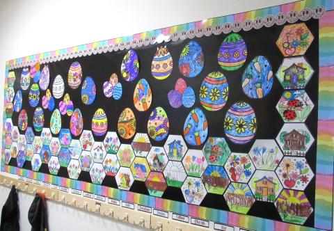 Kindergarten students decorate the hallway with colorful eggs and other signs of spring at the Soboba Tribal Preschool Kindergarten students decorate the hallway with colorful eggs and other signs of spring at the Soboba Tribal Preschool