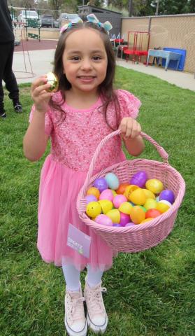 Kindergartner Palki Herrera finds one of the hidden golden eggs during an Easter egg hunt at the Soboba Tribal Preschool playground, April 18 Kindergartner Palki Herrera finds one of the hidden golden eggs during an Easter egg hunt at the Soboba Tribal Preschool playground, April 18