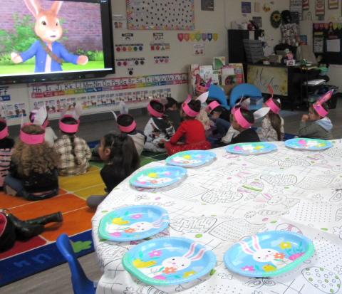 Pre-K students enjoy a Peter Rabbit video while fun snacks are prepared for their classroom’s Spring Party, April 17 Pre-K students enjoy a Peter Rabbit video while fun snacks are prepared for their classroom’s Spring Party, April 17