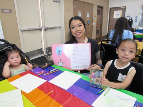 Ali Arroyo shows gifts made by her son Neqpikat Arroyo-Modesto as her daughter, Nikiilisih Arroyo-Modesto also enjoys the Mother’s Day celebration at the Soboba Tribal Preschool Ali Arroyo shows gifts made by her son Neqpikat Arroyo-Modesto as her daughter, Nikiilisih Arroyo-Modesto also enjoys the Mother’s Day celebration at the Soboba Tribal Preschool
